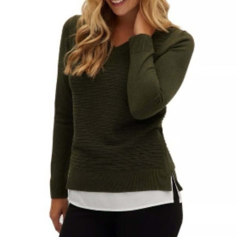 Hilary Radley Women's V Neck Layered Sweater/ size S/ CH/ Olive Green